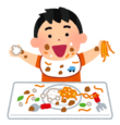 元気よく手づかみでご飯をこぼしながら食事をしているこどものイラスト
