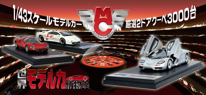 1/43のスケールで再現されたポルシェなどの高級車が並んでいる世界のモデルカー博物館の看板画像