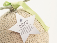 EMERALDMELONと書かれた星型の白い札と若菜色のリボンがヘタにかけられたメロン1個の写真