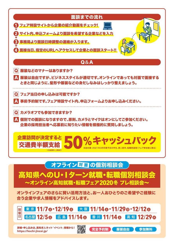 オンラインイベントの面接までの流れとQ&Aが書かれているチラシ