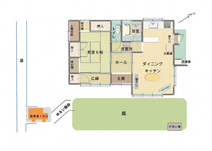 お試し滞在住宅「西川」の駐車場と庭が含まれた間取りの画像