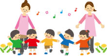 歌を唄う先生と子供達のイラスト