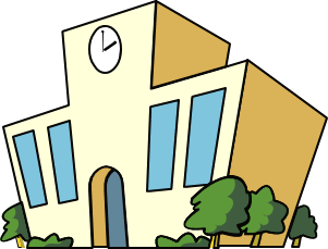 ベージュ色の外壁に時計が設置されている校舎のイラスト