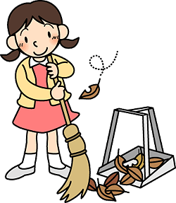 美化委員の女子生徒がほうきで落ち葉を集めているイラスト