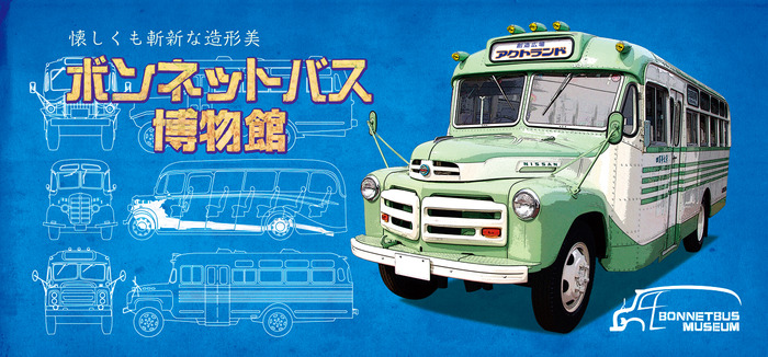 薄い緑色と白の車体のボンネットバスが描かれたボンネットバス博物館の看板画像