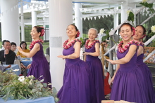 フラダンスを踊るハウオリーズマサコアケタフラダンススタジオ高知の6名の女性生徒を映した写真。
