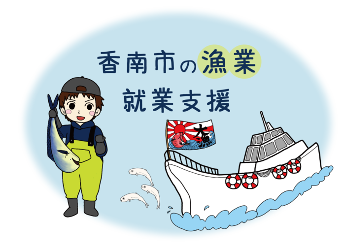 シイラを持った男性と漁船が描かれた「香南市の漁業就業支援」のイラスト