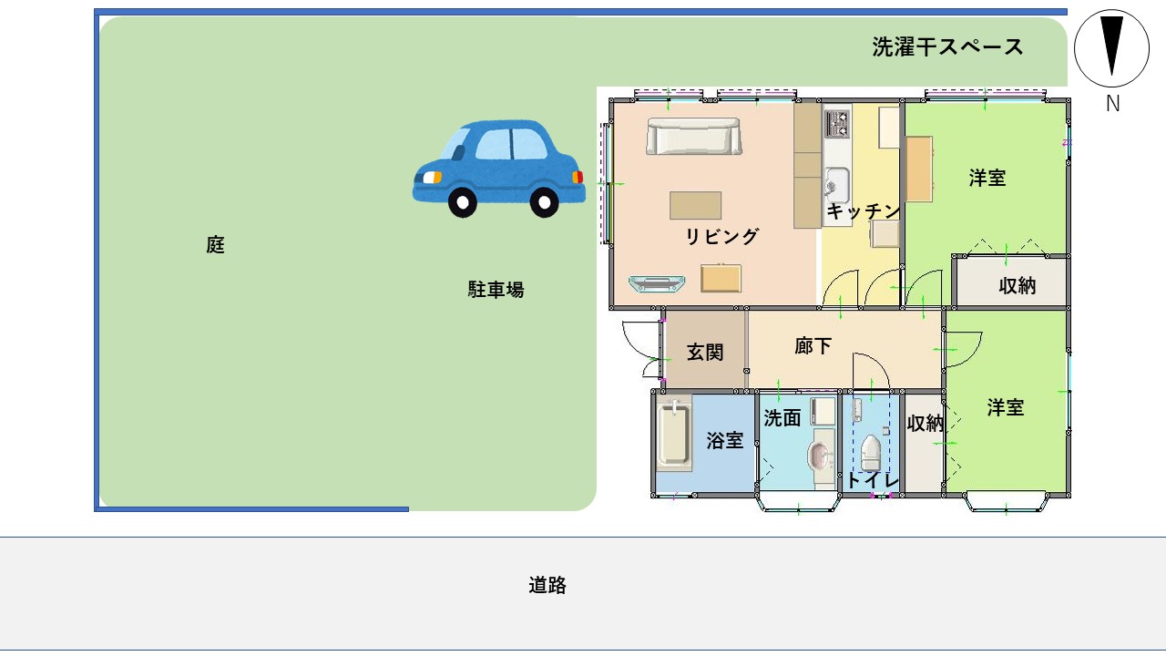 お試し滞在住宅「夜須」の駐車場と庭が含まれた間取りの画像