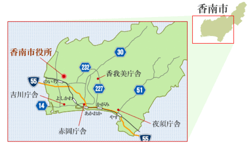 香南市各庁舎への簡易的な地図画像