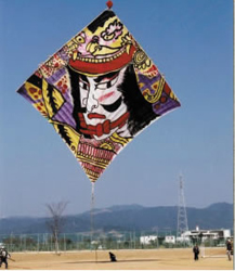 歌舞伎の絵が描かれている凧揚げと青空の写真