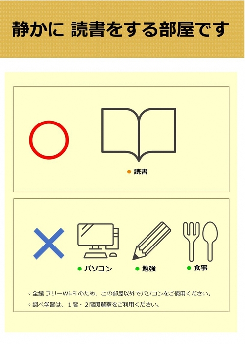 静寂読書室の利用方法に関する貼り紙の画像