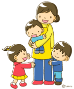 エプロンを付けた女性が小さな男の子を抱っこし、その足元に女の子と男の子がくっついているイラスト。